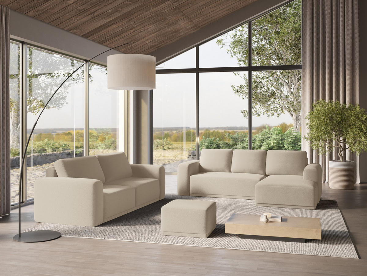 ECKSOFA mit Schlaffunktion Chenille Stoff Beige - Beige/Schwarz, Kunststoff/Textil (258/160cm) - Makamii