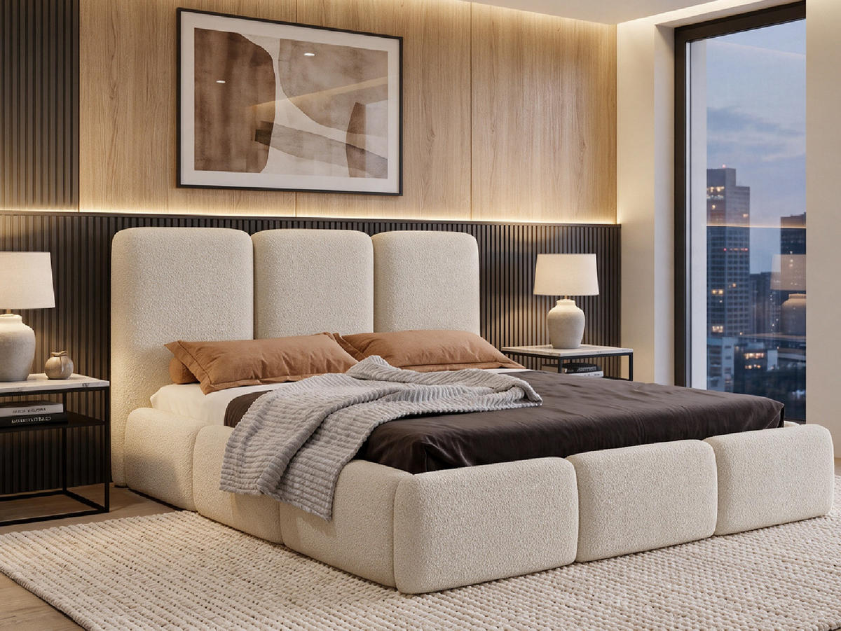 POLSTERBETT VARDO 180x200 cm mit Bettkasten, Stauraum und Metall-Lattenrost – Bouclé Stoff Creme - Creme/Schwarz, Textil/Metall (180/200cm) - Luxkor24