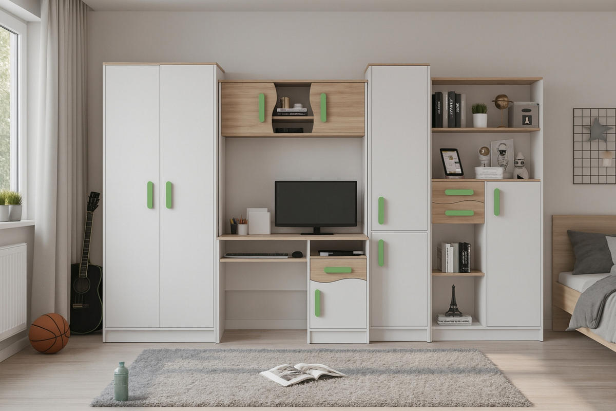REGAL MIKI 05 Korpus Weiß | Griffe Grün - Weiß/Grün, Holz/Holzwerkstoff (80/187/33cm) - Deine Möbel 24