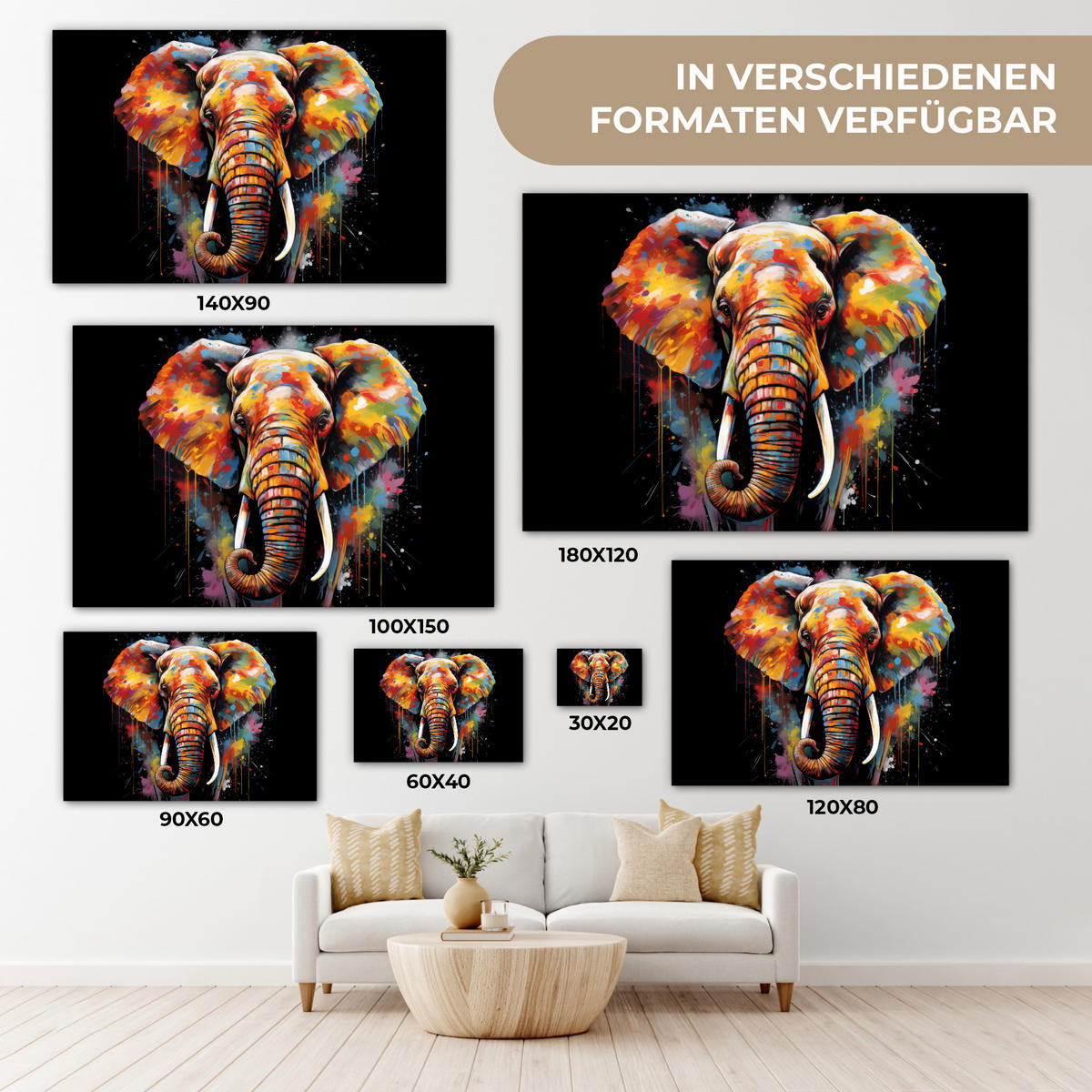 LEINWANDBILD Elefant - Graffiti - Schwarz - Tiere - Farben 60x40 cm - Schwarz, Textil (60/40cm) - MuchoWow