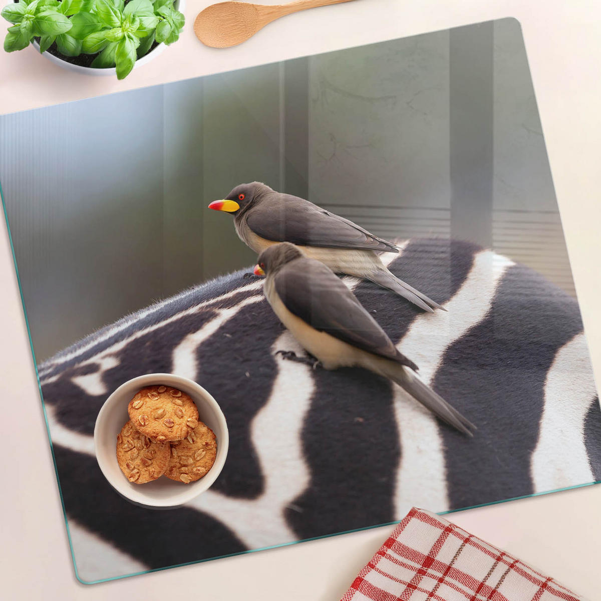 GLASPLATTE 60x52 cm Vögel und Zebras - Grau, Glas (60/0.4/52cm) - TULUP
