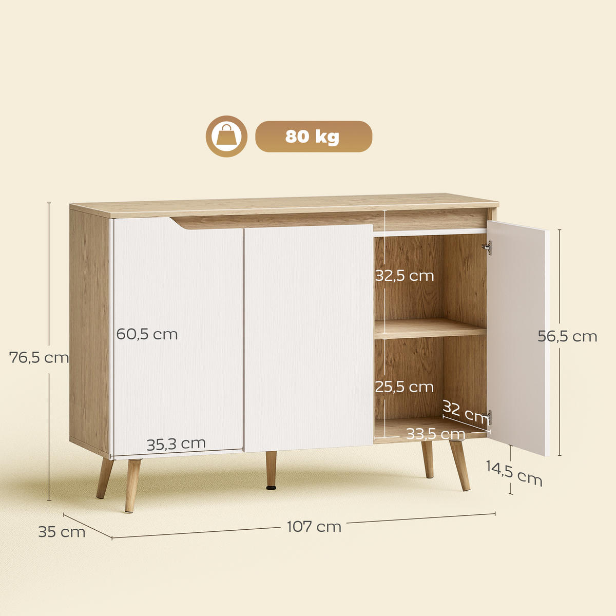 SIDEBOARD DE-11301 3 Türen, verstellbare Böden Weiß/Eiche - Eichefarben, Holzwerkstoff (107/76.5/35cm) - ComfortXL