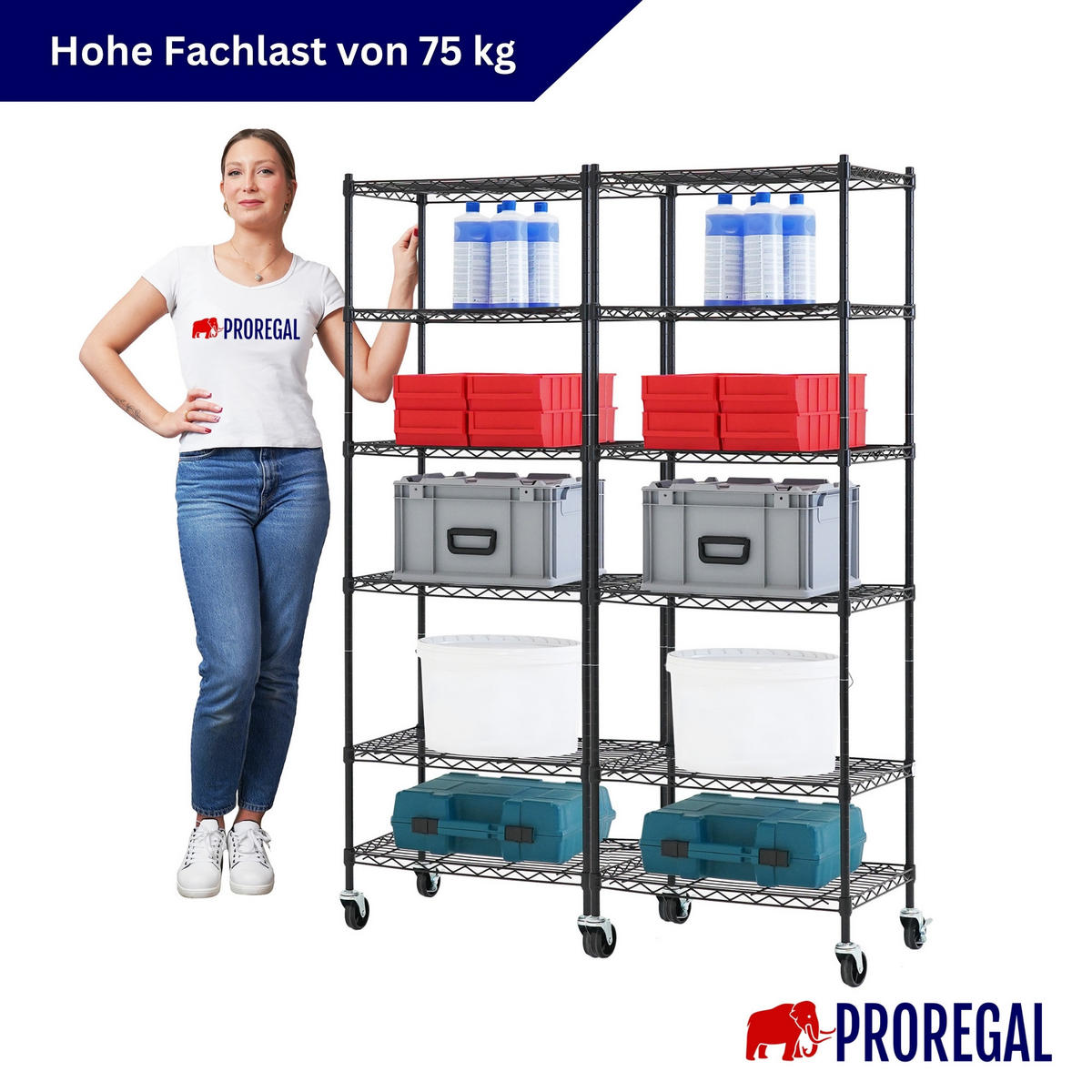 GITTERREGAL 2er - Set HADES mit Rollen & 6 Gitterböden Metall 160x60x40cm Schwarz - Schwarz, Metall (60/160/40cm) - PROREGAL