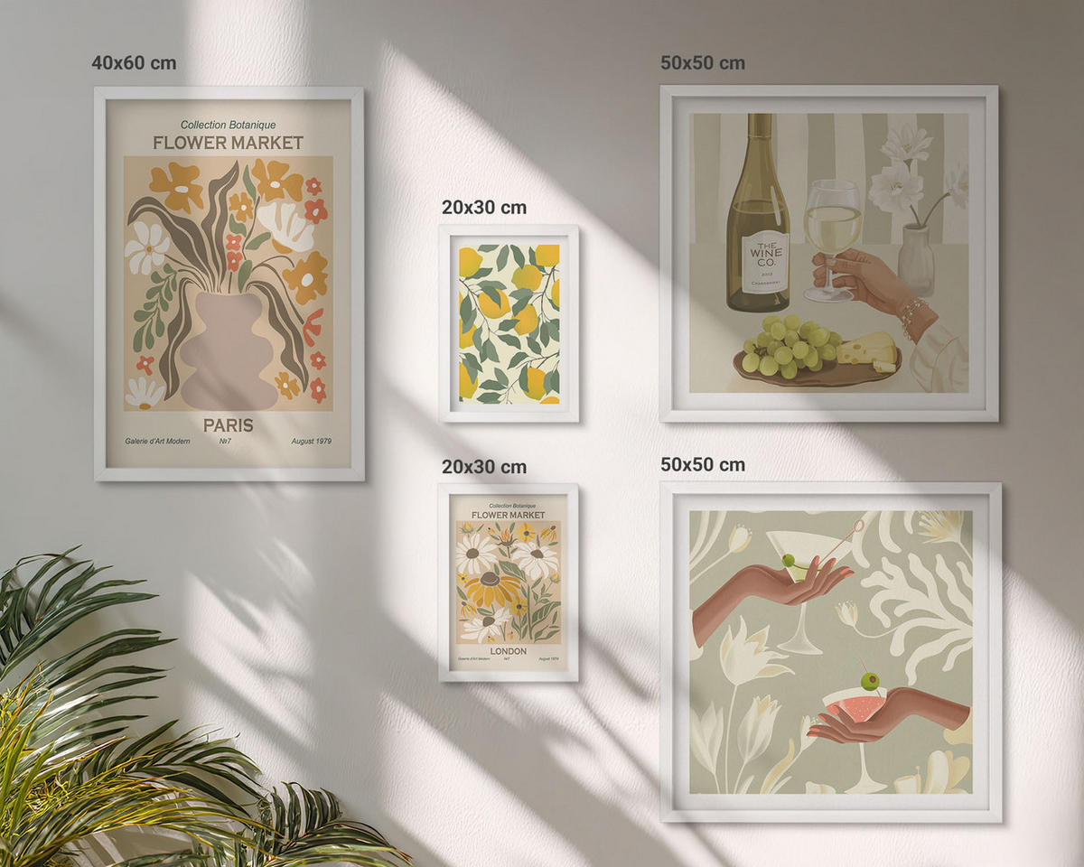 WANDBILDER 5er-Set - 50x50 cm & 20x30 cm & 40x60 cm Weißer Rahmen - Blumenposter Paris Mailand - Weiß, Kunststoff (40/60cm) - ArtPrintCave