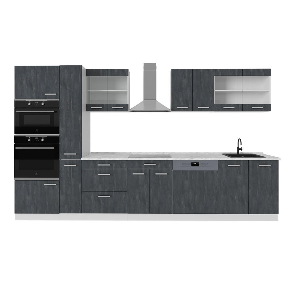 KÜCHENZEILE R-Line Schwarz Beton/Weiß 350 cm AP Marmor - Schwarz/Weiß, Holzwerkstoff (350/81.6/60cm) - Vicco