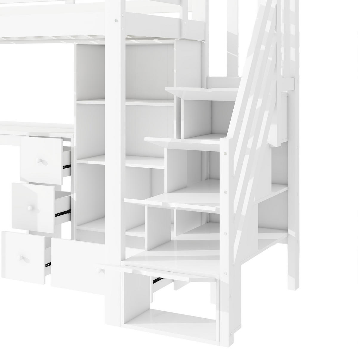 HOCHBETT aus Kiefer 90x200 cm Weiß mit Schreibtisch, Schubladen, Stauraumleiter und offenem Stauschrank - Weiß, Holzwerkstoff (140/200cm) - Modfu