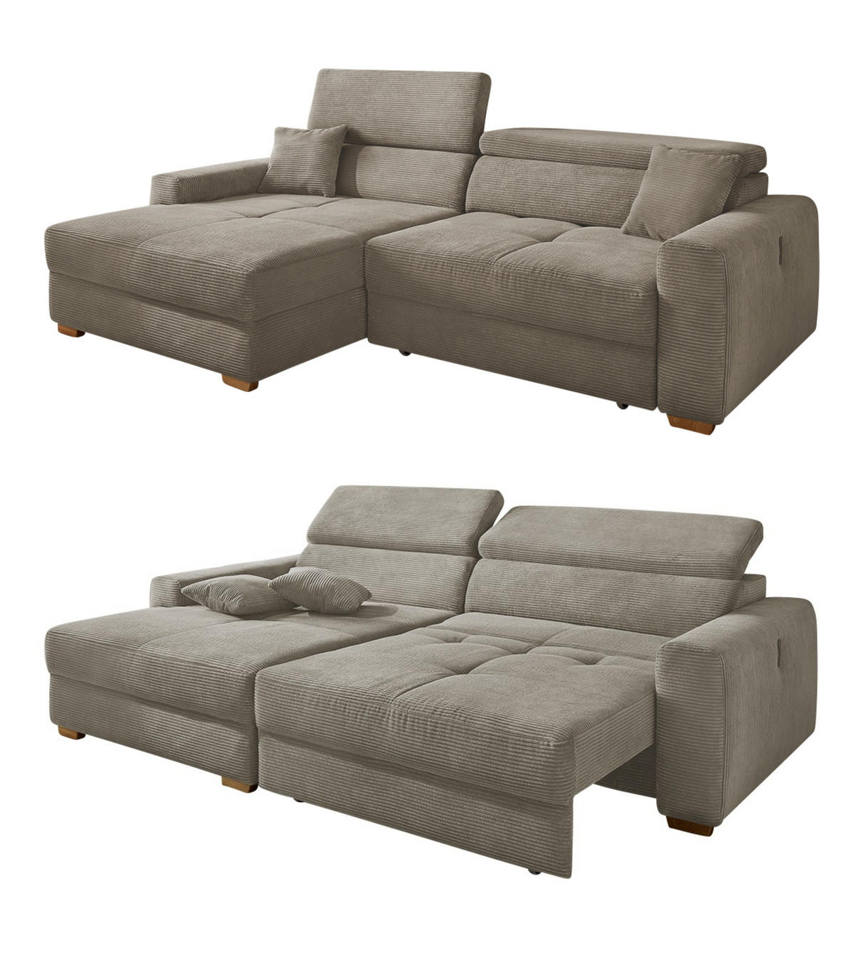 ECKSOFA mit elektrischer Sitztiefenverstellung, Kopflehnen verstellbar, USB-A und USB-C Ladefunktion B277/T187/H109 cm, Cord Braun Taupe / 15401 - Taupe/Eichefarben, Eichenholz/Textil (277/187cm) - luma-home