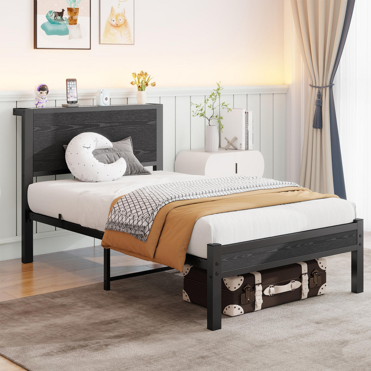 METALLBETT 90x200 cm Stauraum Kopfteil schwarz - Schwarz, Holzwerkstoff (90/200cm) - Fortuna Lai
