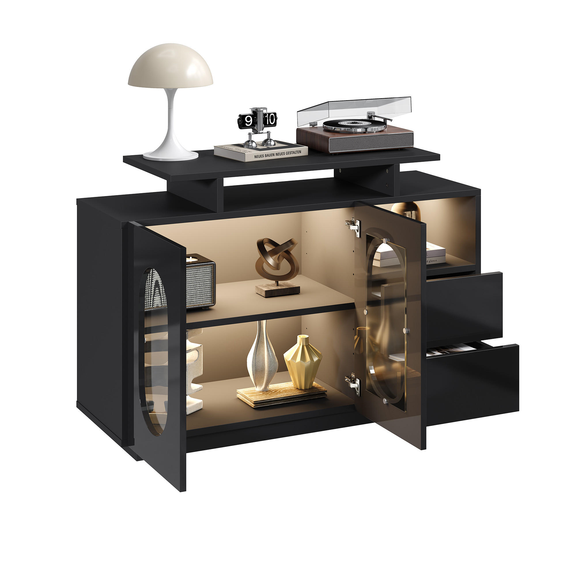SIDEBOARD aus Holzwerkstoff 120x40x80 cm Schwarz mit LED-Beleuchtung, Glasvitrine und verstellbaren Einlegeböden - Schwarz, Holzwerkstoff (120/80/40cm) - Modfu