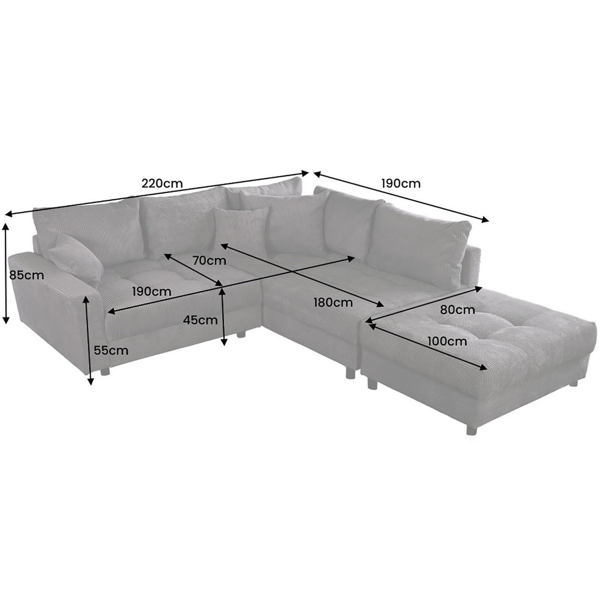 ECKSOFA KENT Cord Anthrazit 220 cm - Dunkelgrau/Schwarz, Kunststoff/Textil (220/190cm) - riess-ambiente