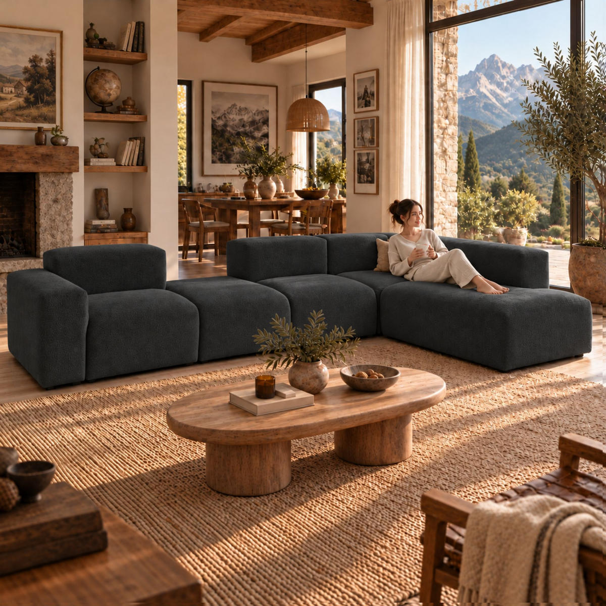 5-SITZER modulares Ecksofa HEAVEN SET 5 Rechts, Breite 380 cm Webstoff Schwarz - Schwarz, Holz/Kunststoff (245/380cm) - Muffo