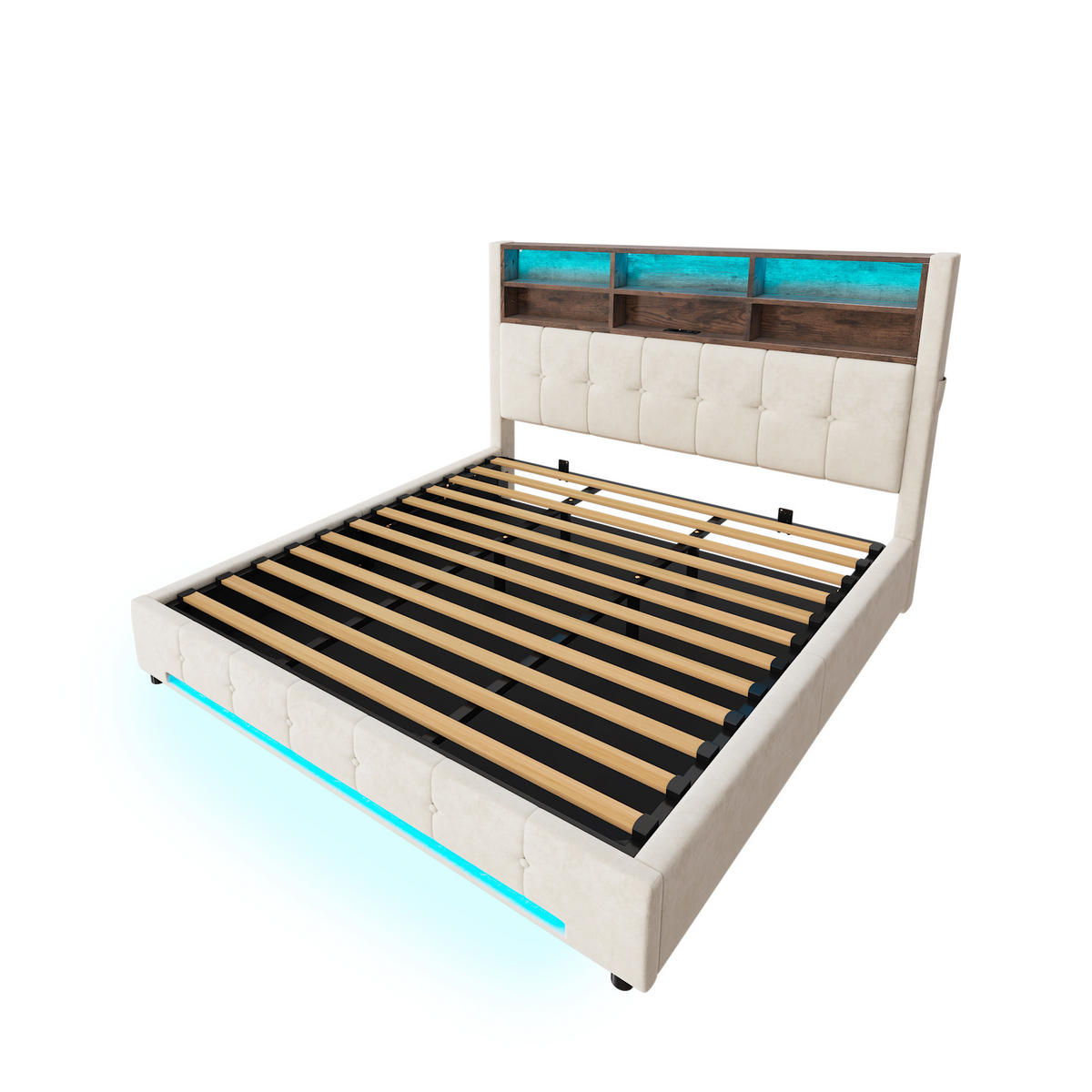 POLSTERBETT 180/200 cm in Beige mit 6 Fächern, Seitentaschen, USB-C, LED und Bettkasten aus Samt und Metall - Dunkelgrau, Holzwerkstoff/Textil - STILVORA