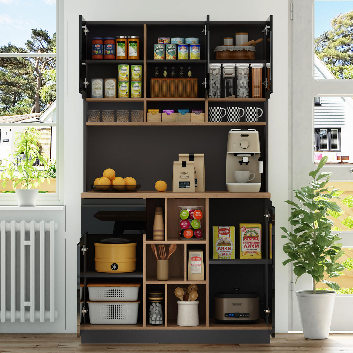 BUFFET aus MDF 105x45x185 cm Anthrazit/Schwarz/Natur mit verstellbaren Einlegeböden, Schublade und Kippschutz - Schwarz, Holzwerkstoff (105/185/45cm) - Modfu