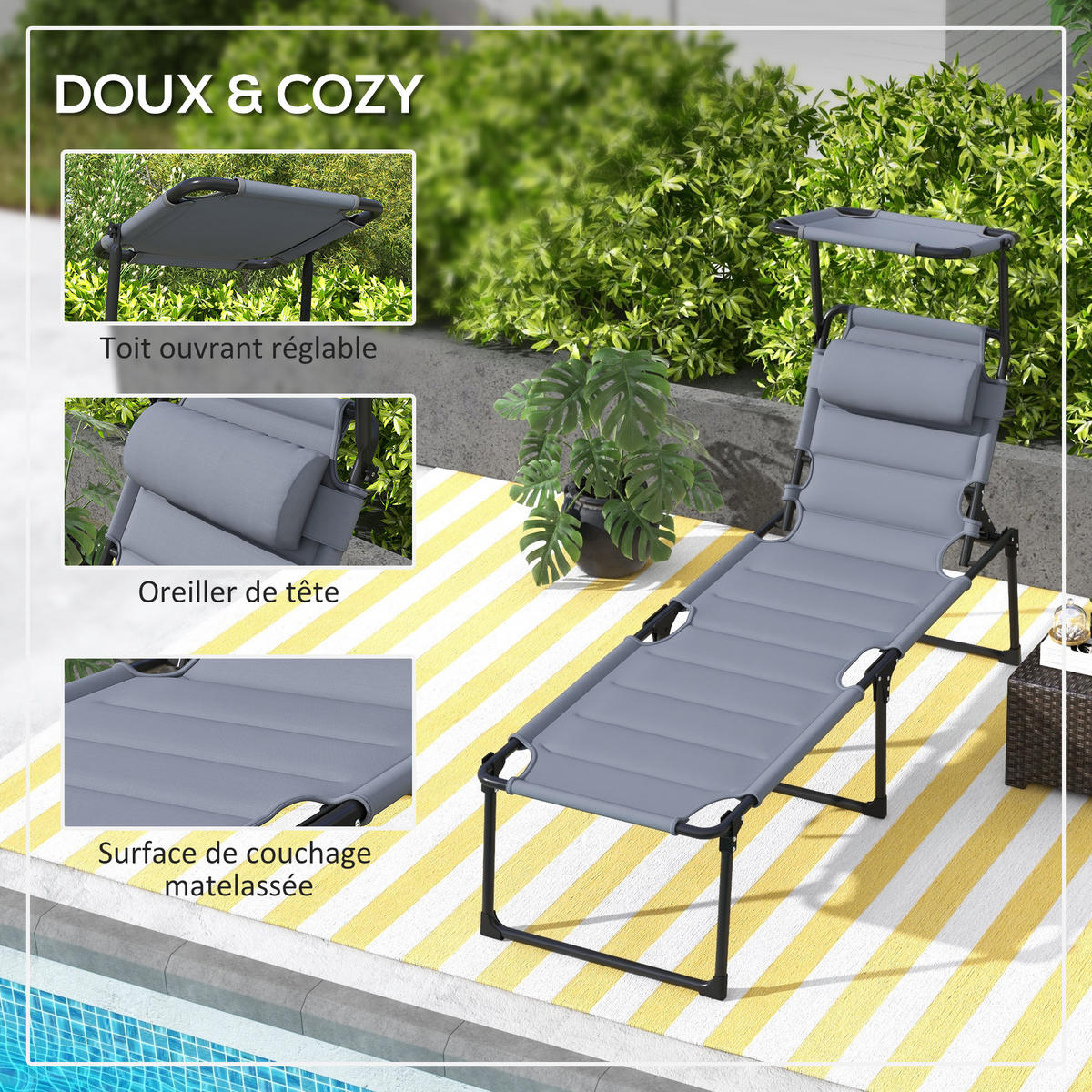 SONNENLIEGE 2er-Set DE-15617 klappbar, mit verstellbarem Sonnendach Grau - Grau, Metall (200/45/70cm) - ComfortXL