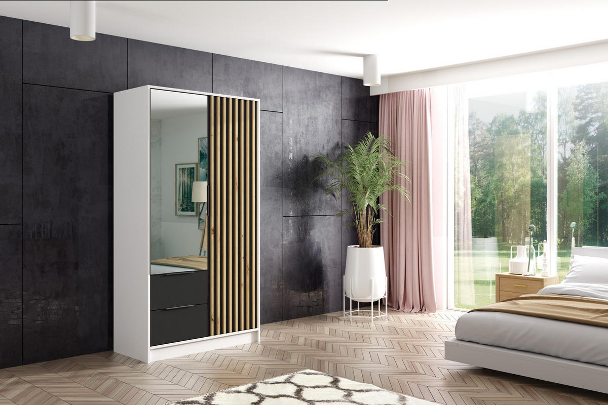 KLEIDERSCHRANK NERA - 120 cm - Weiß|Schwarz|Eiche Artisan - Schwarz/Weiß, Holzwerkstoff (102/200/51cm) - ALTDECOR
