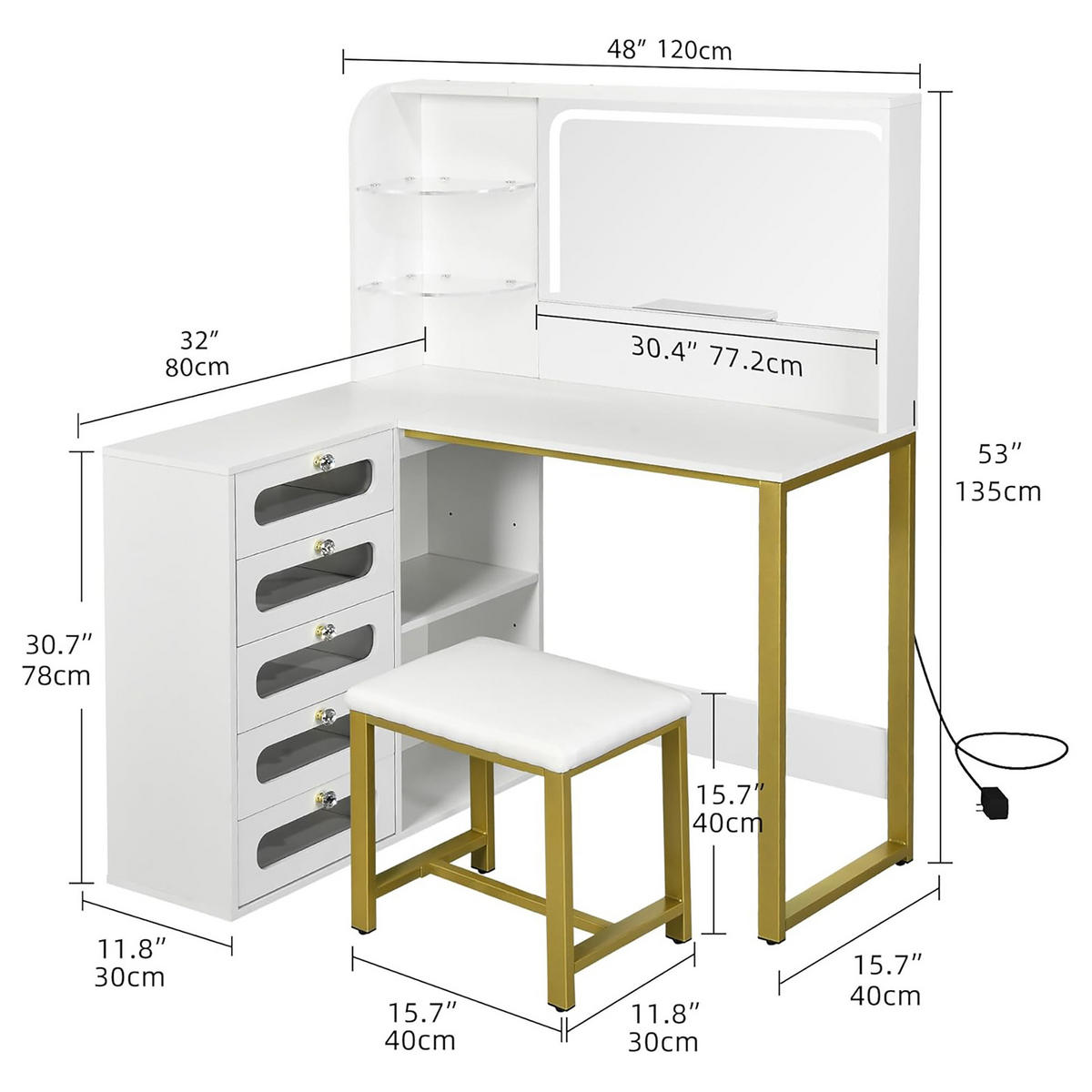 SCHMINKTISCH mit Hocker LED Spiegel Steckdose 5 Schubladen weiß - Weiß, Holz (80/135/120cm) - LEBENLANG