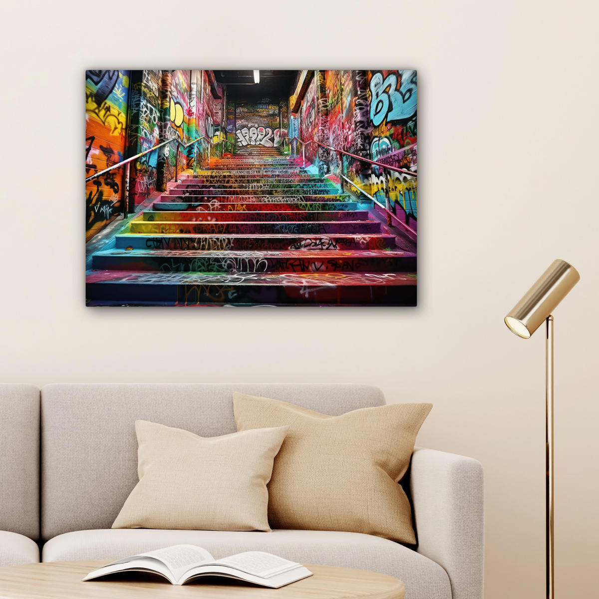 LEINWANDBILD Treppe - Graffiti - Farben - Kunst Wandbilder 80x60 cm - Multicolor, Textil (80/60cm) - MuchoWow