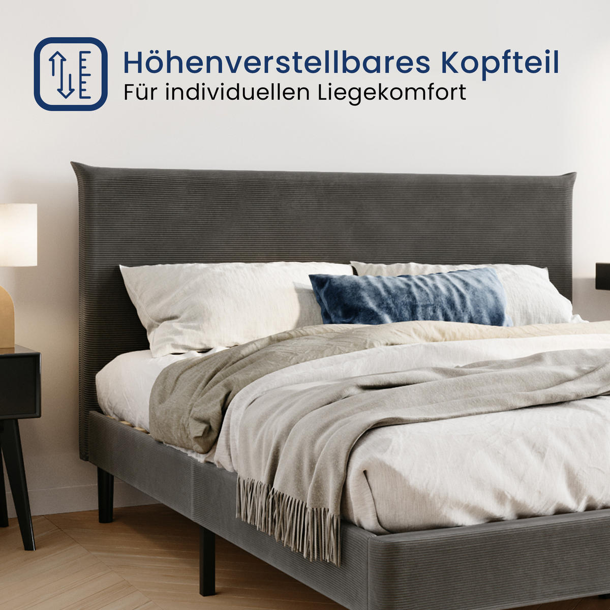 POLSTERBETT 160x200 cm Grau cord - Grau, Textil (160/200cm) - Home Collective