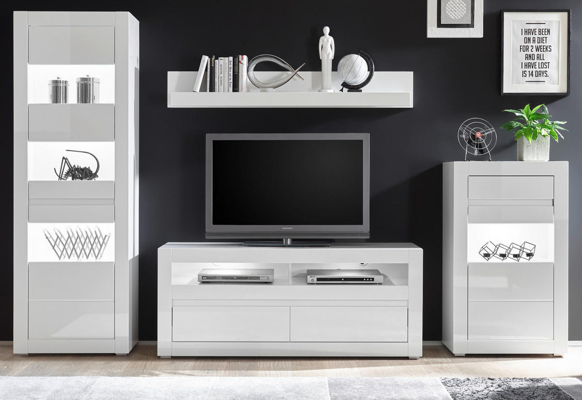 WOHNWAND 4-teilig Hochglanz weiß 302 cm, Anbauwand mit Soft-Close - Weiß Hochglanz/Weiß, Glas/Holzwerkstoff (302/198/42cm) - Furn.Design