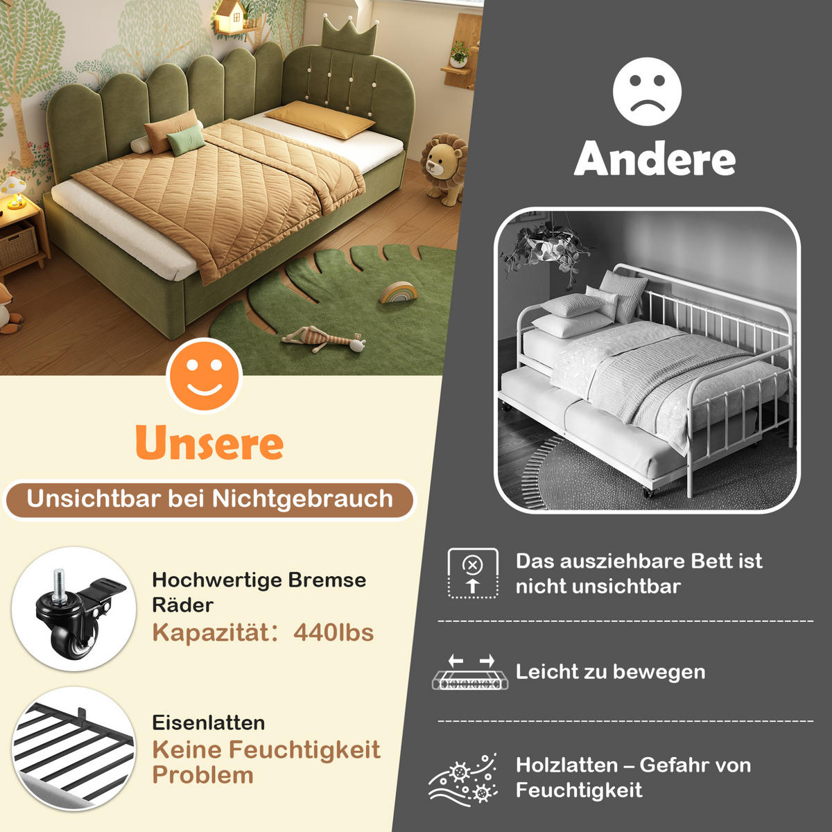 KINDERBETT 90/200 cm aus Samt mit Ausziehbett und Kronendesign, Grün - Grün, Textil (90/200cm) - Flora Grace