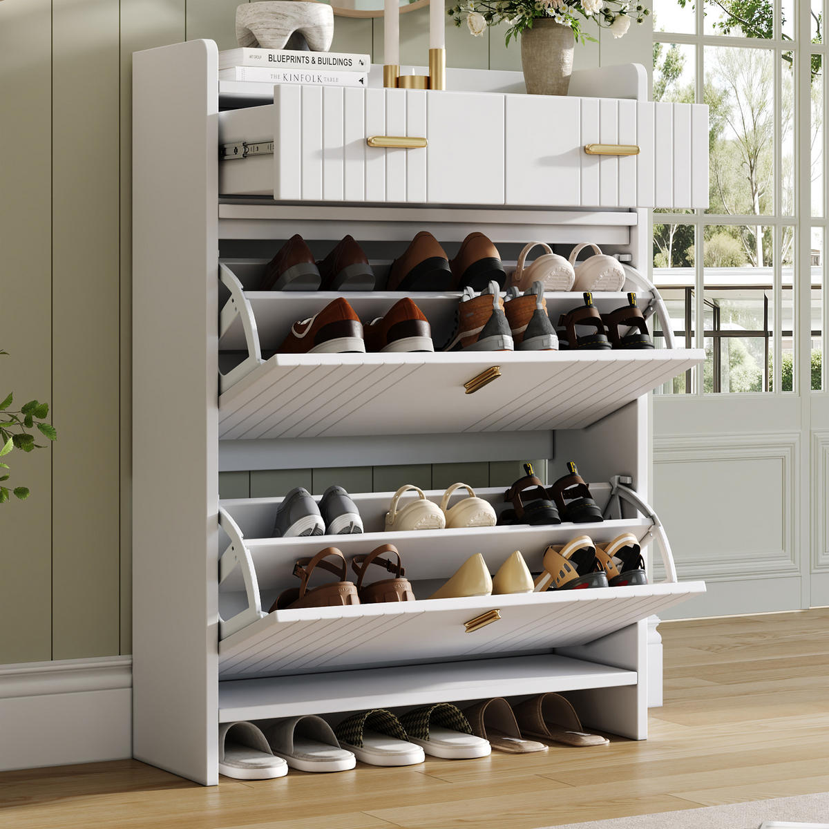 SCHUHSCHRANK 75x24x108.5cm Weiß mit 2 Schubladen - Weiß, Holzwerkstoff (75/108.5/24cm) - FLIEKS