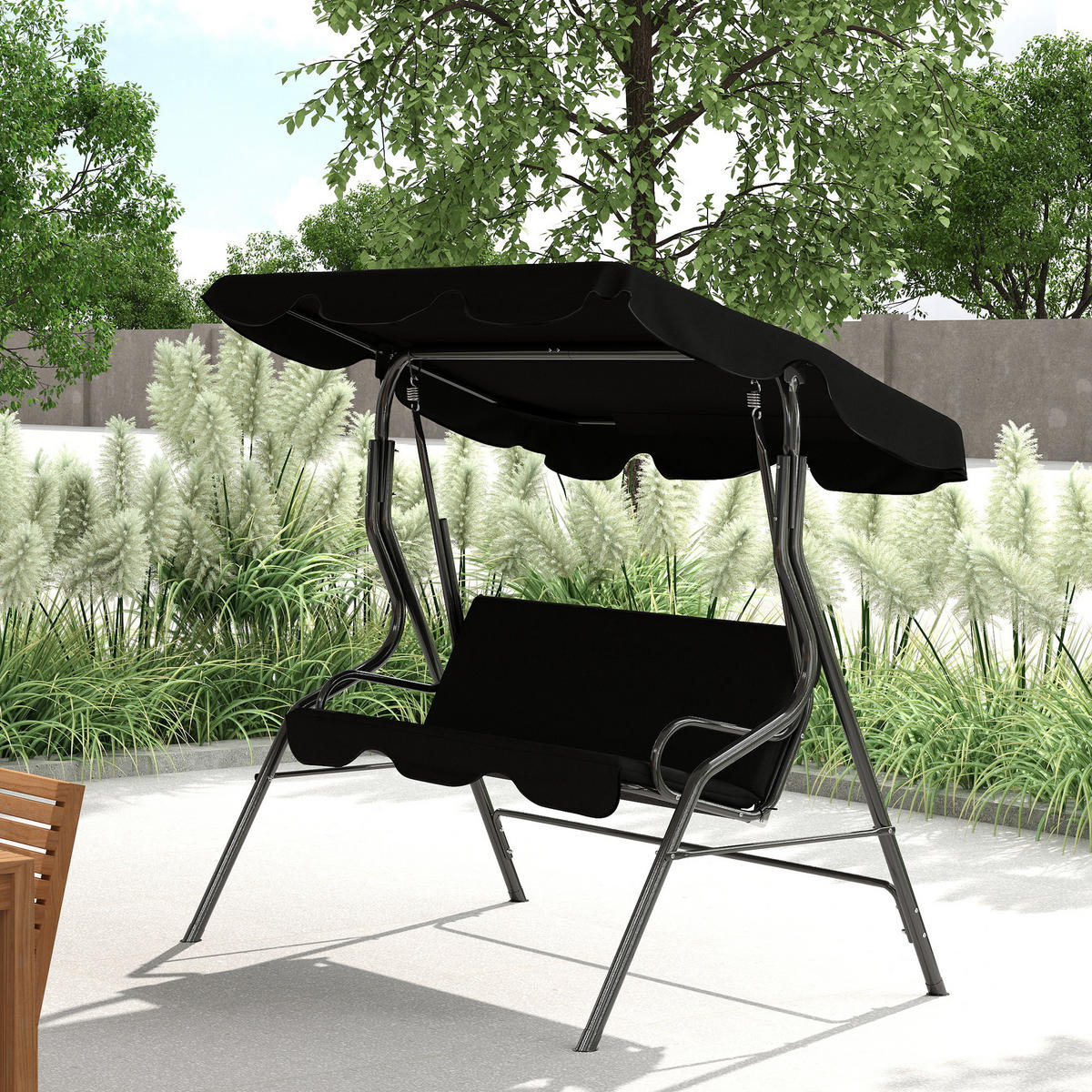 GARTENSCHAUKEL Schwarz 3-Sitzer mit verstellbarem Dach - Schwarz, Metall (170/153/110cm) - PANGIVO