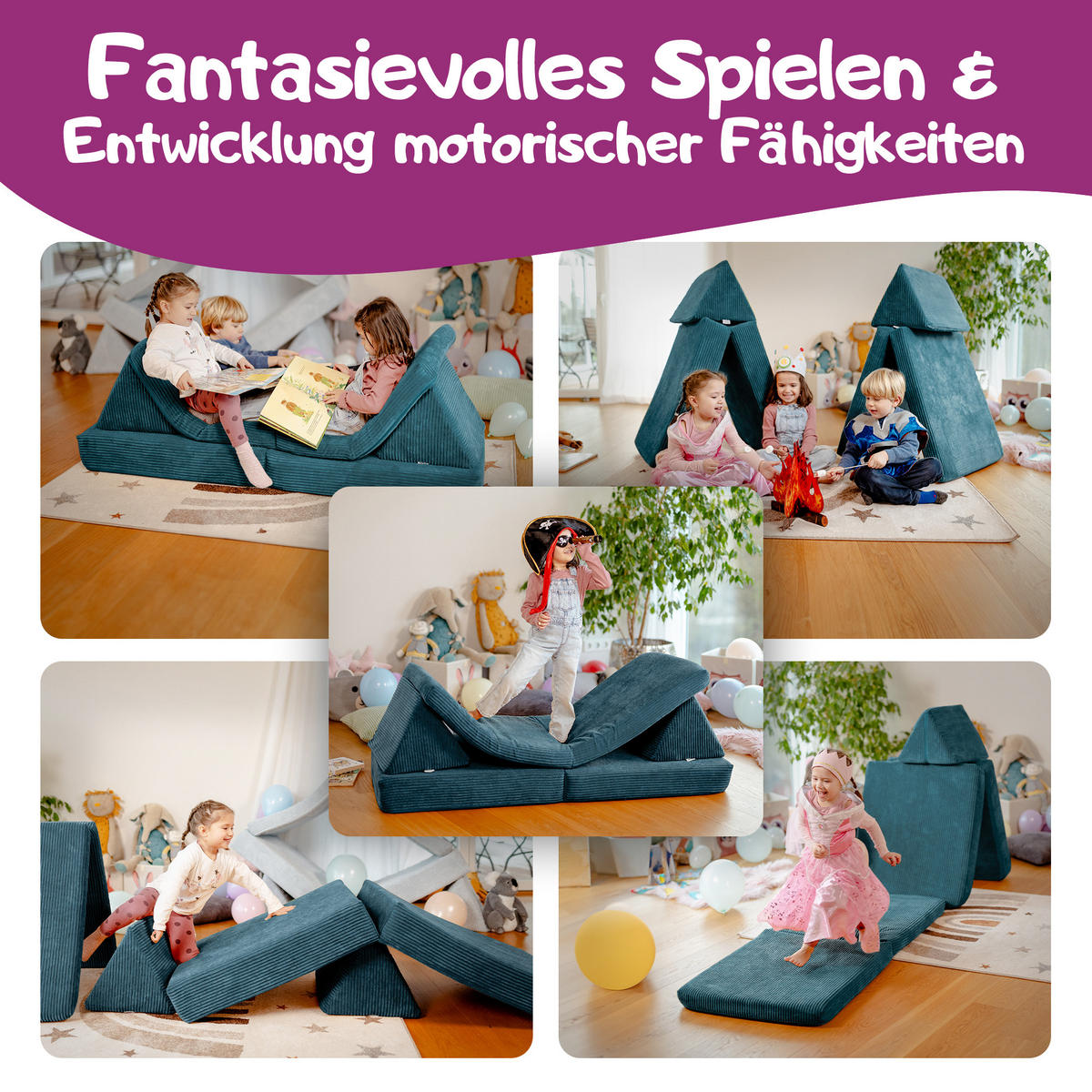 KINDERSOFA Spielparadies - Dunkelgrün, Textil (66/52/150cm) - Linodino