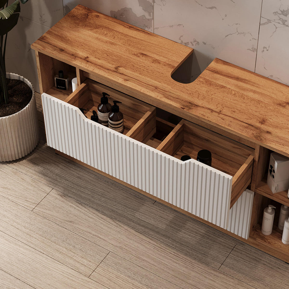 WASCHBECKENUNTERSCHRANK Lotta Eiche/weiß gestreift 119.2 x 62.5 cm mit 2 Schubladen - Eichefarben/Weiß, Holzwerkstoff (119.2/62.5/32cm) - Vicco