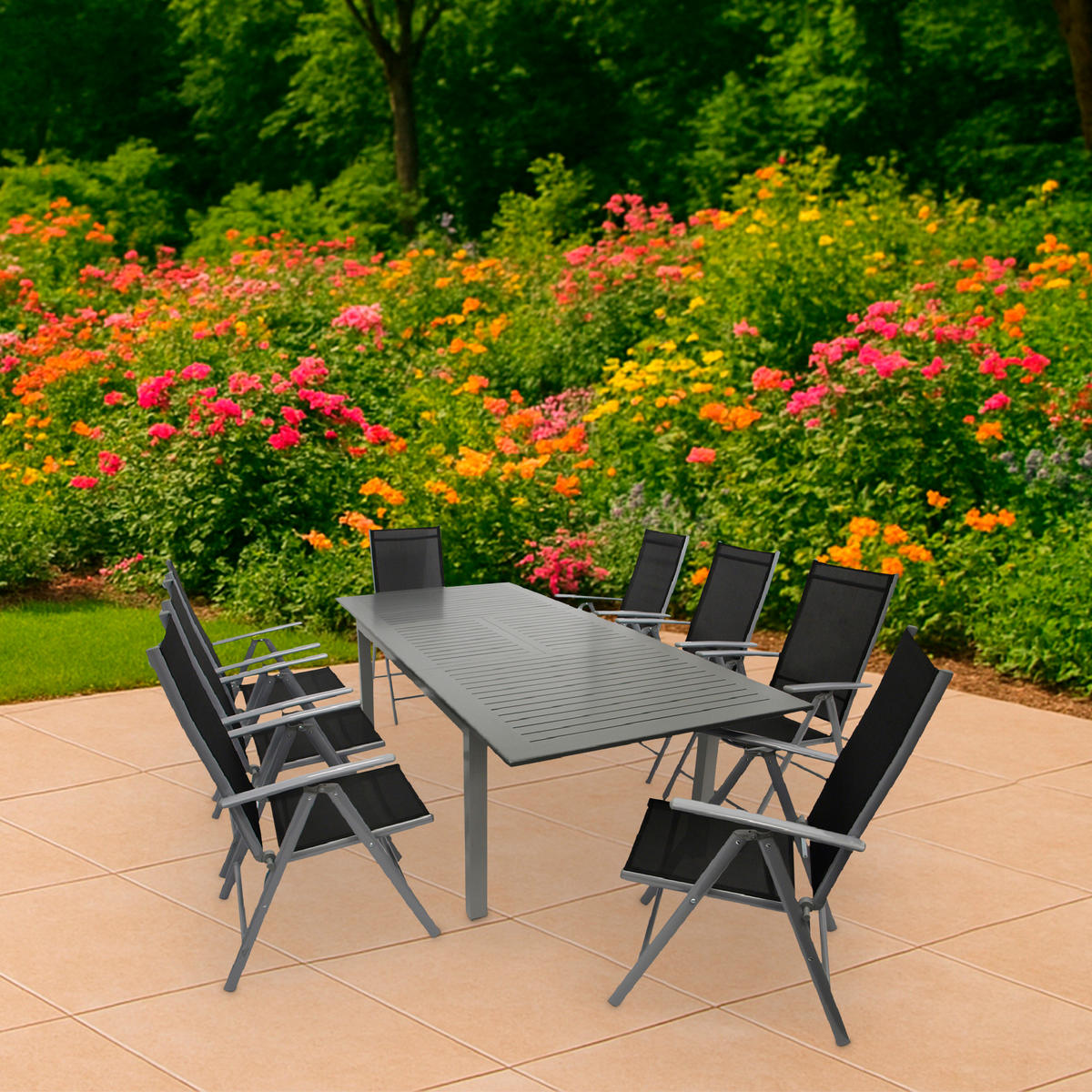 GARTEN-GARNITUR Ashford - 9-teilige Garten-Essgruppe (8x Klappsessel mit Aluminiumgestell grau, Bespannung Textilene schwarz - Schwarz, Metall - TPFGarden