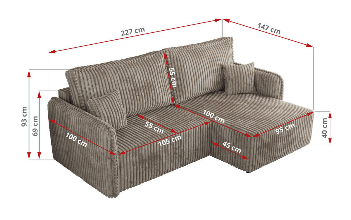 ECKSCHLAFSOFA MESTO L Hellbraun Cord - links - Hellbraun/Schwarz, Kunststoff/Textil (227/147cm) - MKS