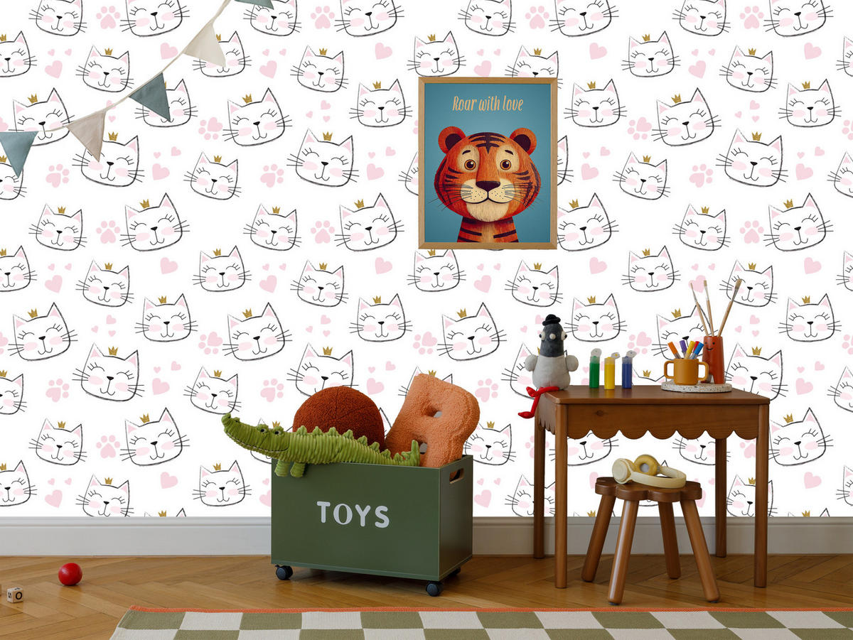 VLIESTAPETE Katzen mit Kronen und Herzen – Rosa, Grau, Weiß – 50x1000 cm - Rosa/Weiß, Papier (50/1000cm) - Muralo