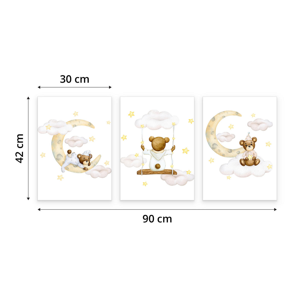 SADA PLAGÁTOV Do Detskej Izby Mackovia Mesiace Oblaky Hviezdy 3x Plagát A3 30 x 42 cm - hnedá/žltá, papier (30/42/1cm) - Muralo