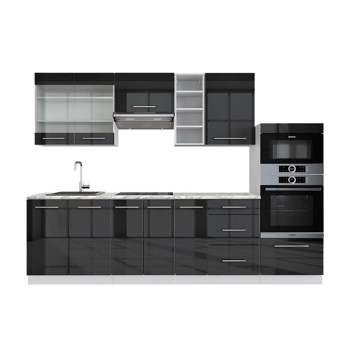 KÜCHENZEILE Fame-Line Anthrazit Hochglanz/Weiß 280 cm, AP Marmor - Anthrazit/Weiß, Holzwerkstoff (280/81.6/60cm) - Vicco
