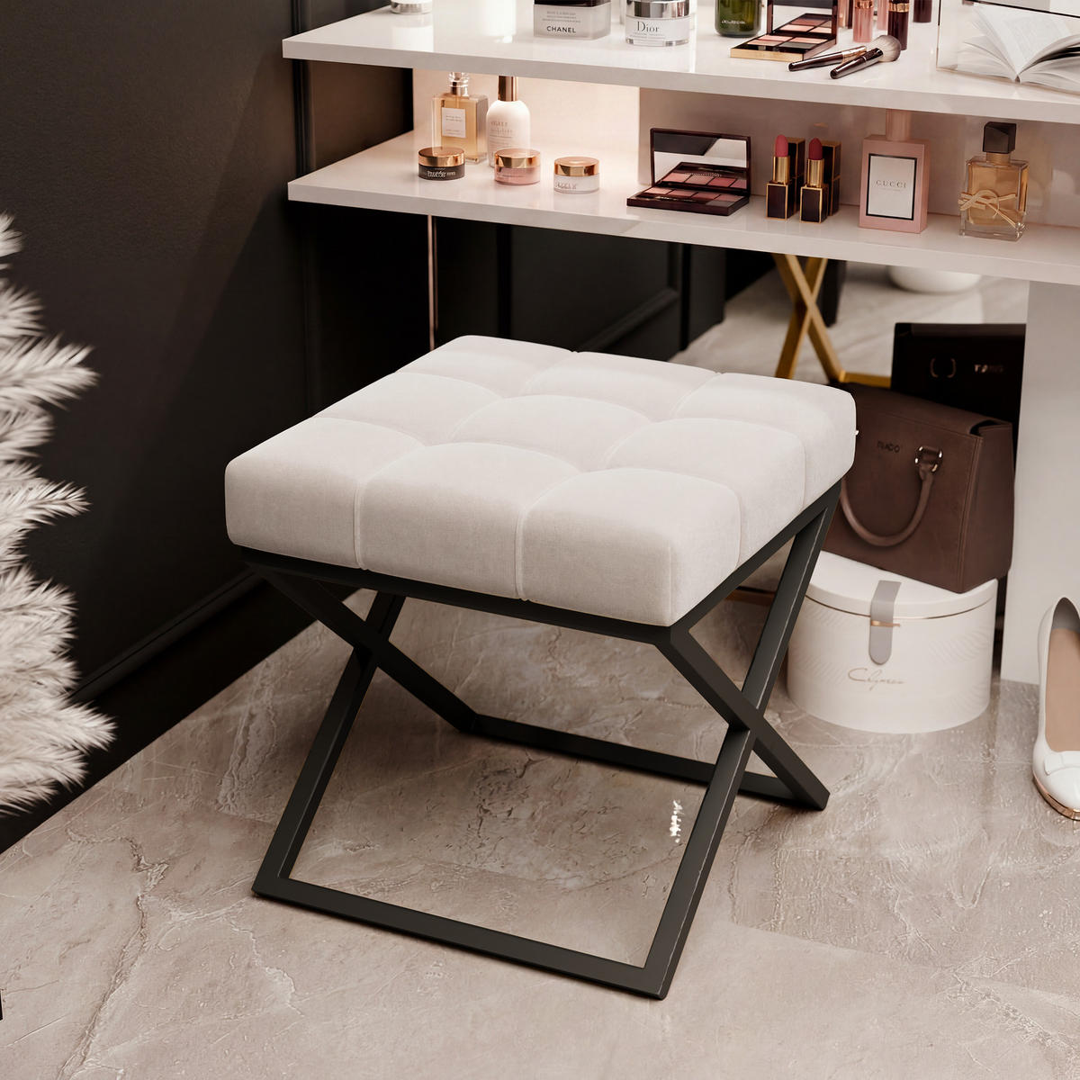 HOCKER LIND 45/45/45 cm, Schwarz / Hellbeige - Sandfarben/Schwarz, Textil/Metall (45/45/45cm) - Idohome