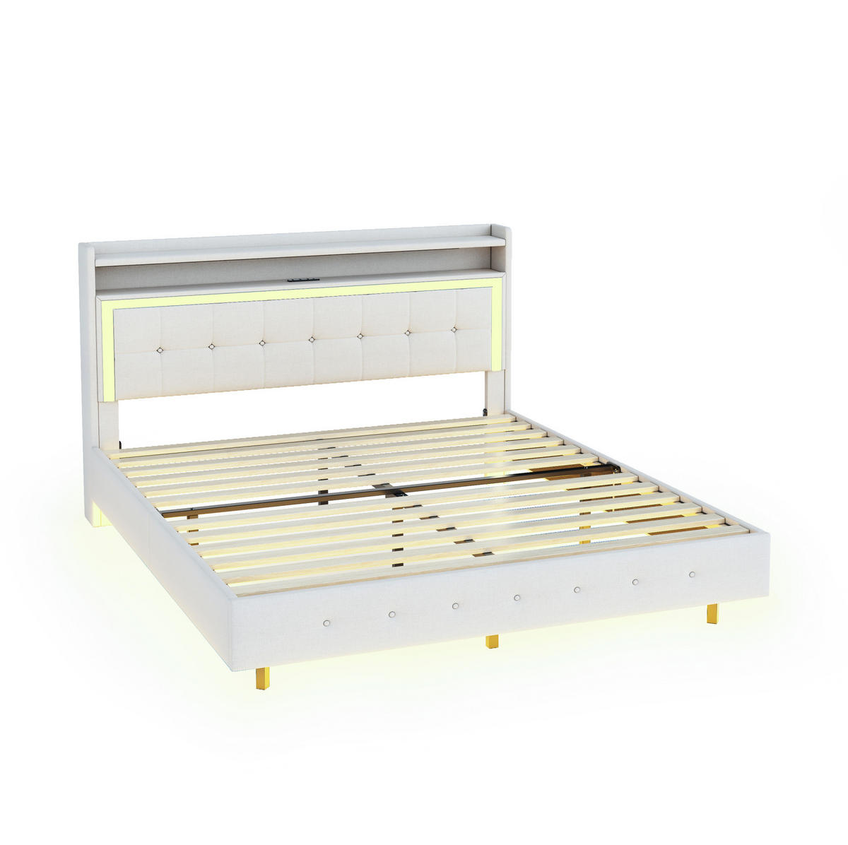 POLSTERBETT mit USB und LED 140x200 cm Leinen Beige - Beige, Holz (140/200cm) - Meubliv