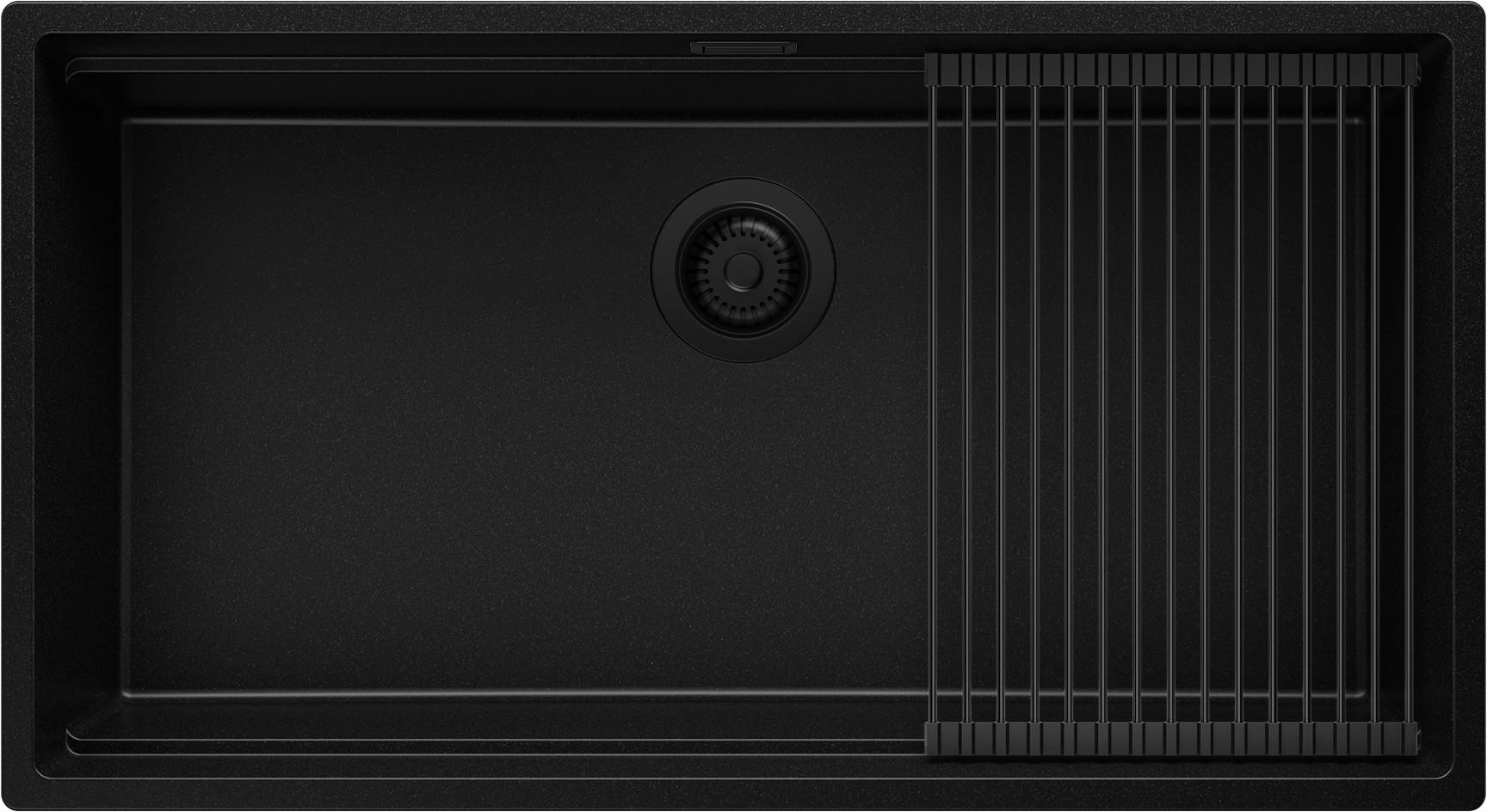 SPÜLBECKEN Praga Slim, 2-er set Alles Schwarz 86/47 cm 1 Becken + Ablauf-Set + Aufrollbare Abtropffläche ab 90er Unterschrank - Schwarz, Kunststoff (86/20/47cm) - Primagran