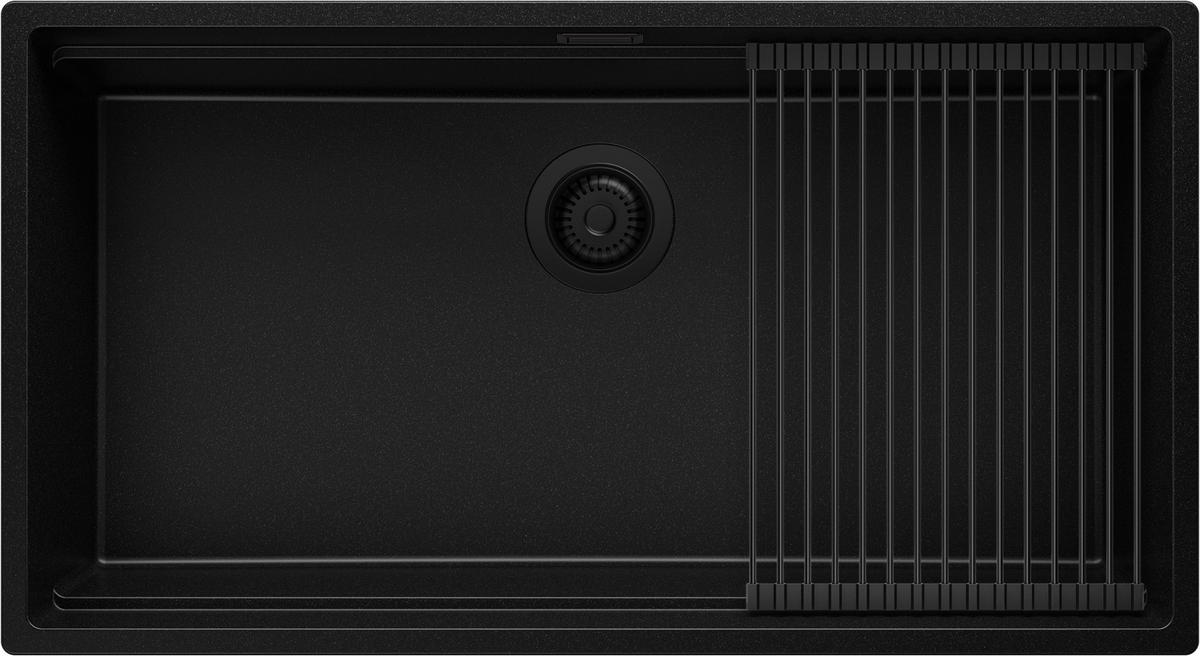 SPÜLBECKEN Praga Slim, 2-er set Alles Schwarz 86/47 cm 1 Becken + Ablauf-Set + Aufrollbare Abtropffläche ab 90er Unterschrank - Schwarz, Kunststoff (86/20/47cm) - Primagran