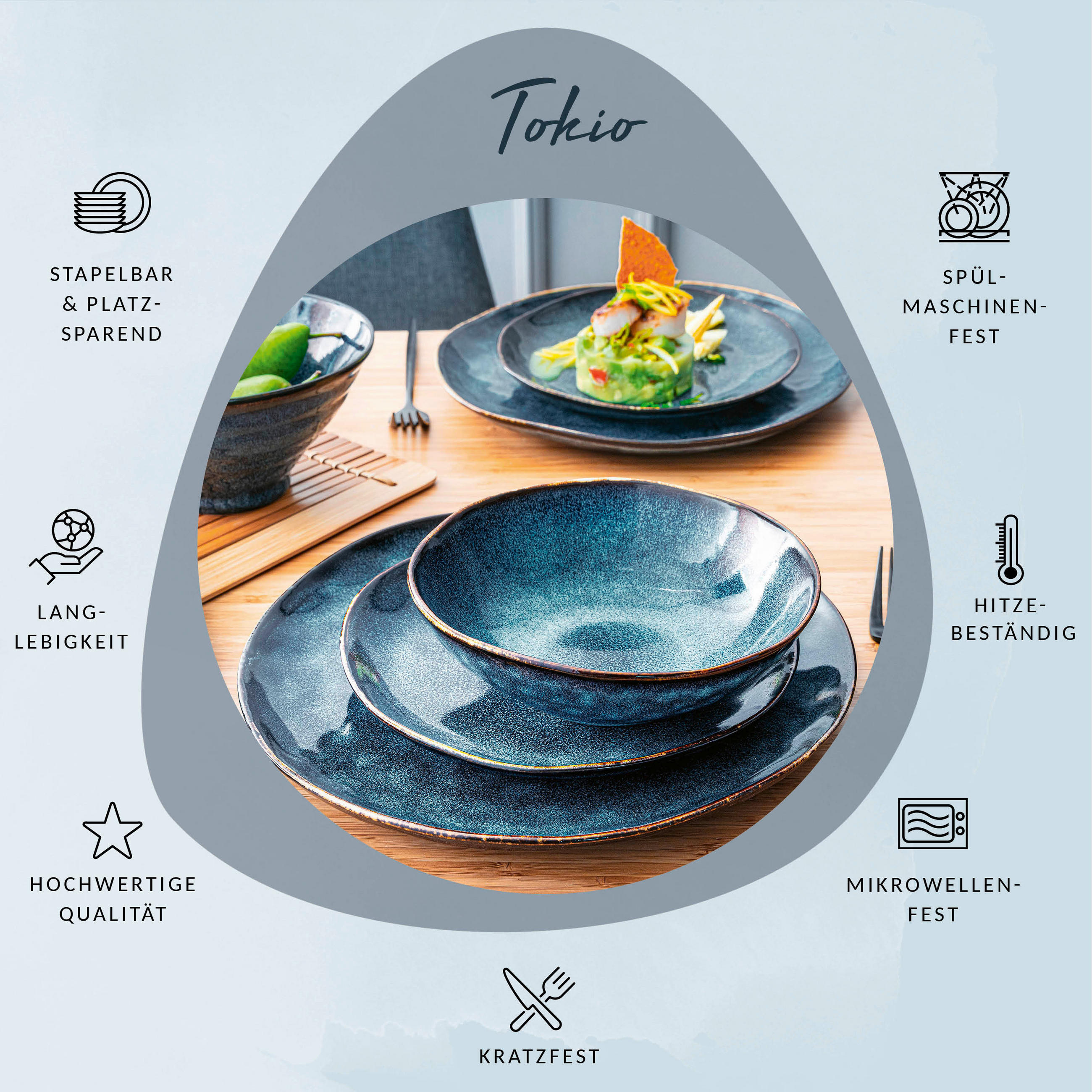 TAFELSERVICE TOKIO - 12 teilig aus Steingut - Dunkelblau, Keramik (35.4/33/36.29cm) - Sänger