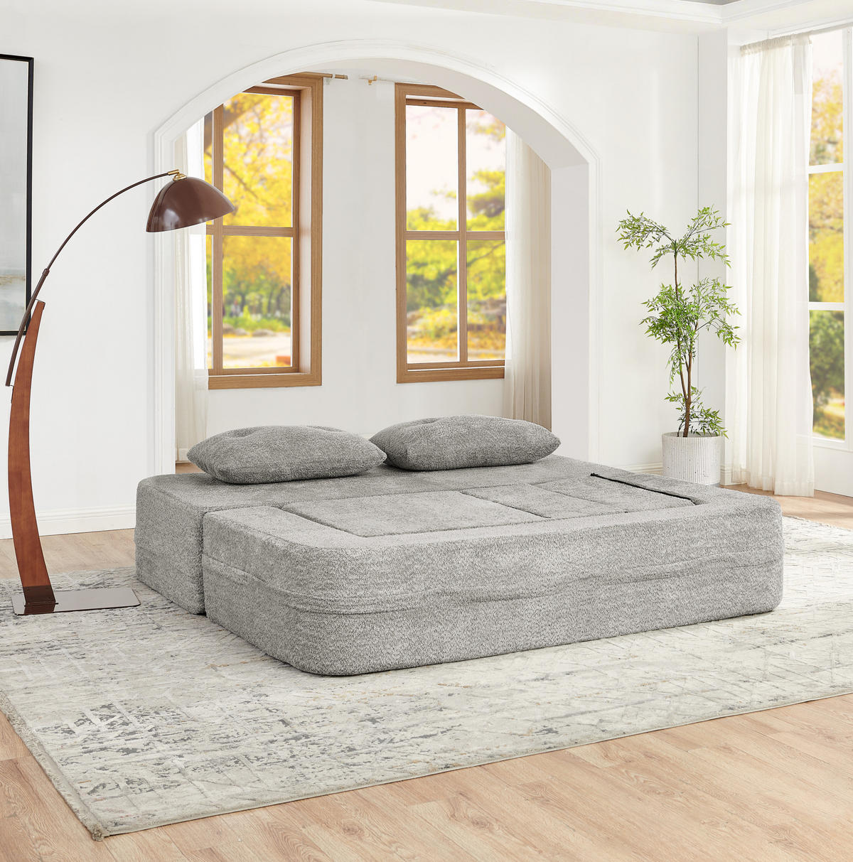 SCHLAFSOFA aus Stoff Hellgrau klappbar als 2-in-1 Modulsystem mit Sessel und Seitentaschen - Hellgrau, Textil (199/39/194cm) - Modfu