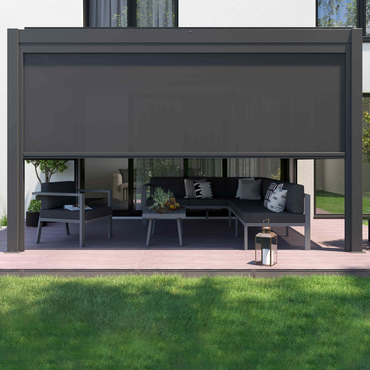 PERGOLA 3x4m, beleuchtet, motorisiert mit 1 Markise, Grau - Grau, Metall (275/257/397cm) - Oviala