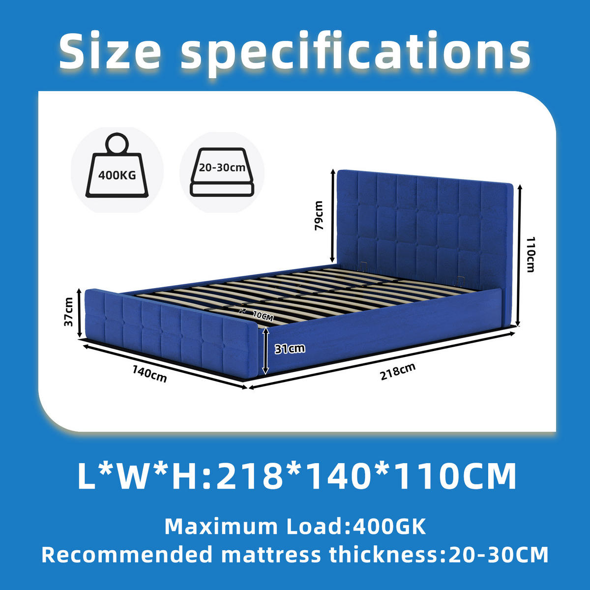 STAURAUMBETT 140/200 cm DE-35401 mit Staufach Blau - Blau, Metall (140/200cm) - ComfortXL