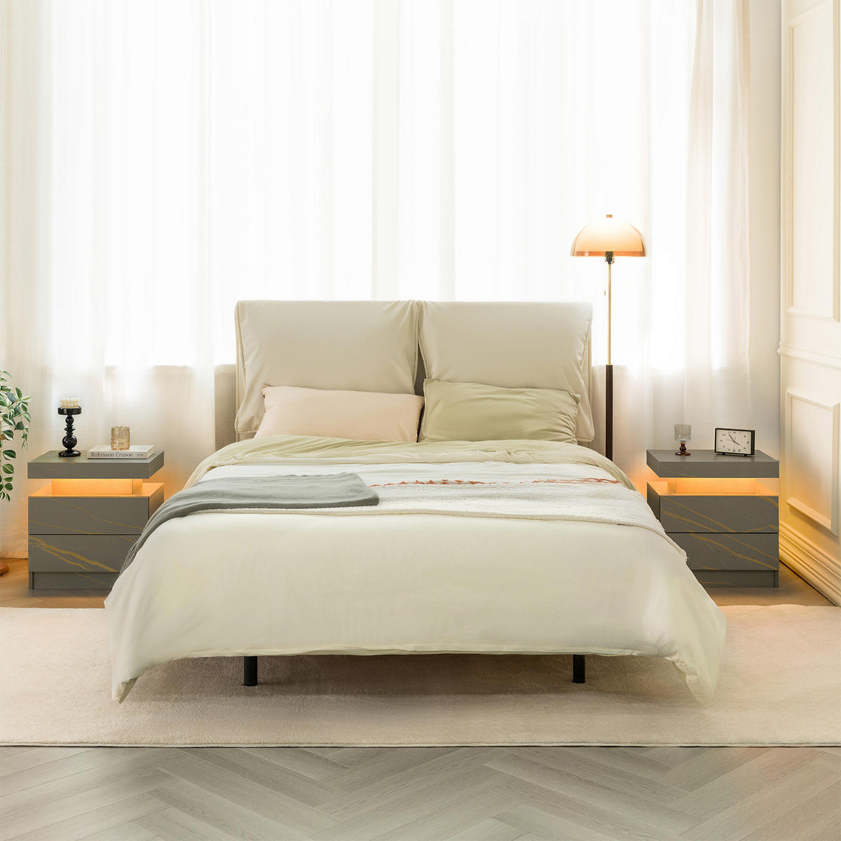 NACHTTISCH 50/53/36 cm Grau und Gold aus Holzwerkstoff mit LED-Beleuchtung und 2 Schubladen - Grau, Holzwerkstoff (53/36/50cm) - OKWISH