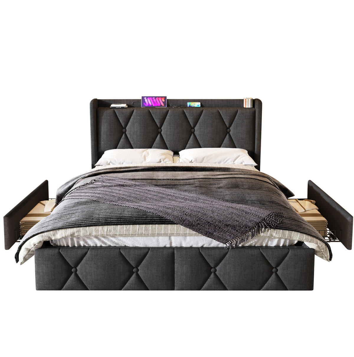 POLSTERBETT 140/200 cm Grau mit 4 Schubladen und USB-Anschlüssen - Grau, Textil (140/200cm) - Flora Grace