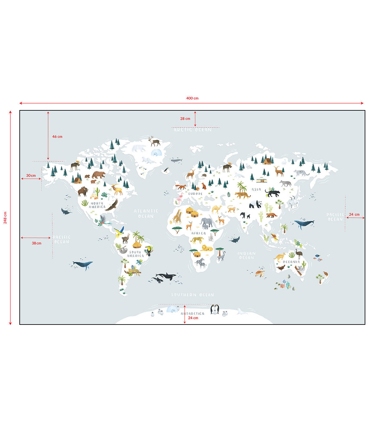 VLIESTAPETE Weltkarte mit Tieren 4 m x 2,48 m, blau/grau - Blau, Papier (248/400cm) - Lilipinso