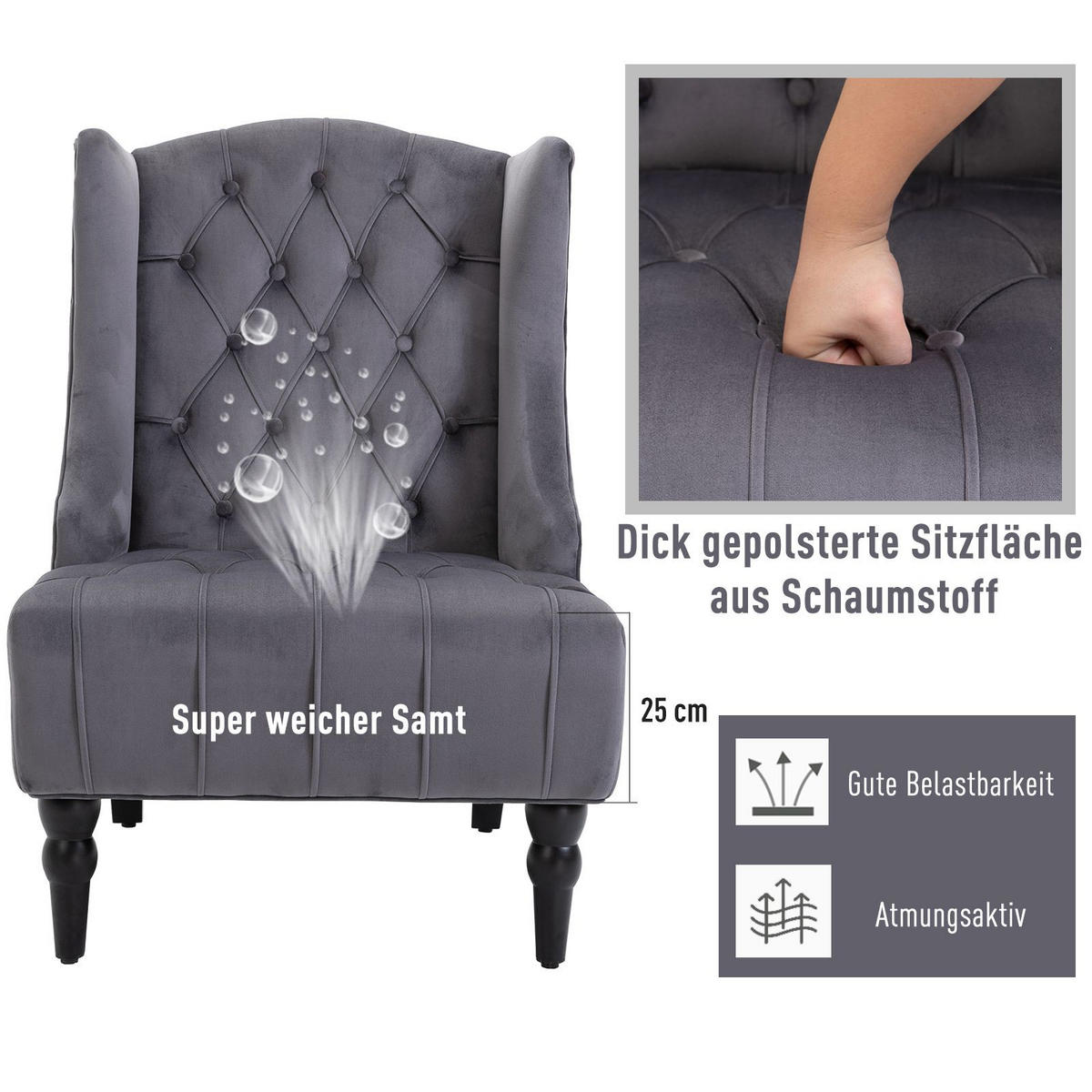 EINZELSESSEL mit Tufting Ohrensessel Relaxsessel erhöhte Beine 3 Farben - Grau, Holz (705/97/67cm) - HOMCOM