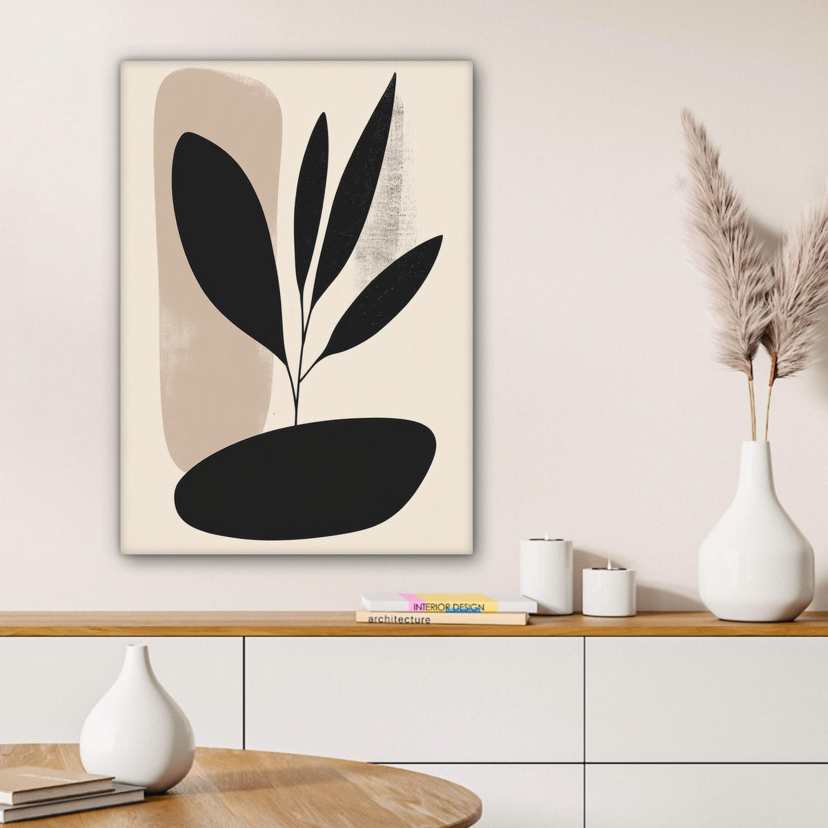 LEINWANDBILD Pflanze - Beige - Japanisch 60x80 cm - Schwarz, Textil (60/80cm) - MuchoWow