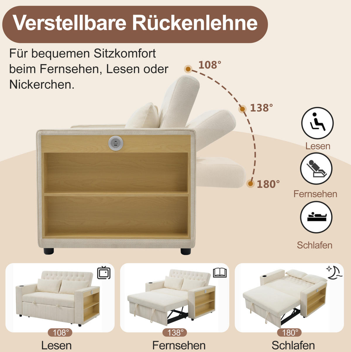 SCHLAFSOFA, Chenille mit Schlaffunktion & USB-Anschluss, 140/137/84 cm, Beige, inkl. 2 Kissen - Beige, Textil (137/84/140cm) - Redom