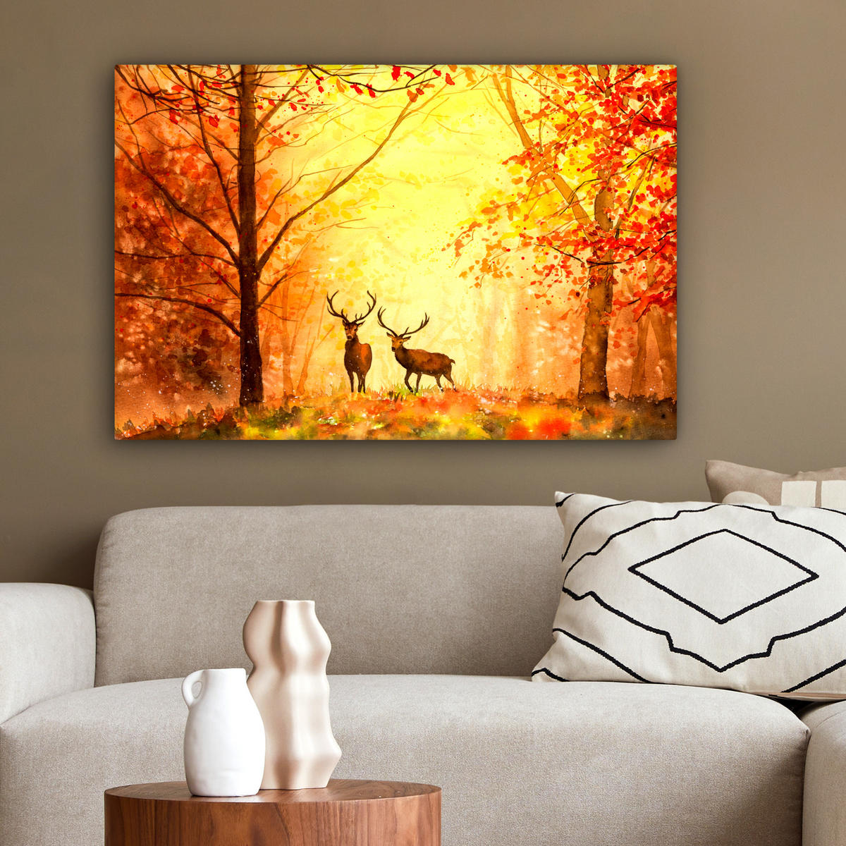LEINWANDBILD Natur - Ölfarbe - Hirsche - Tiere - Herbst - Orange Wanddeko 90x60 cm - Orange, Textil (90/60cm) - MuchoWow