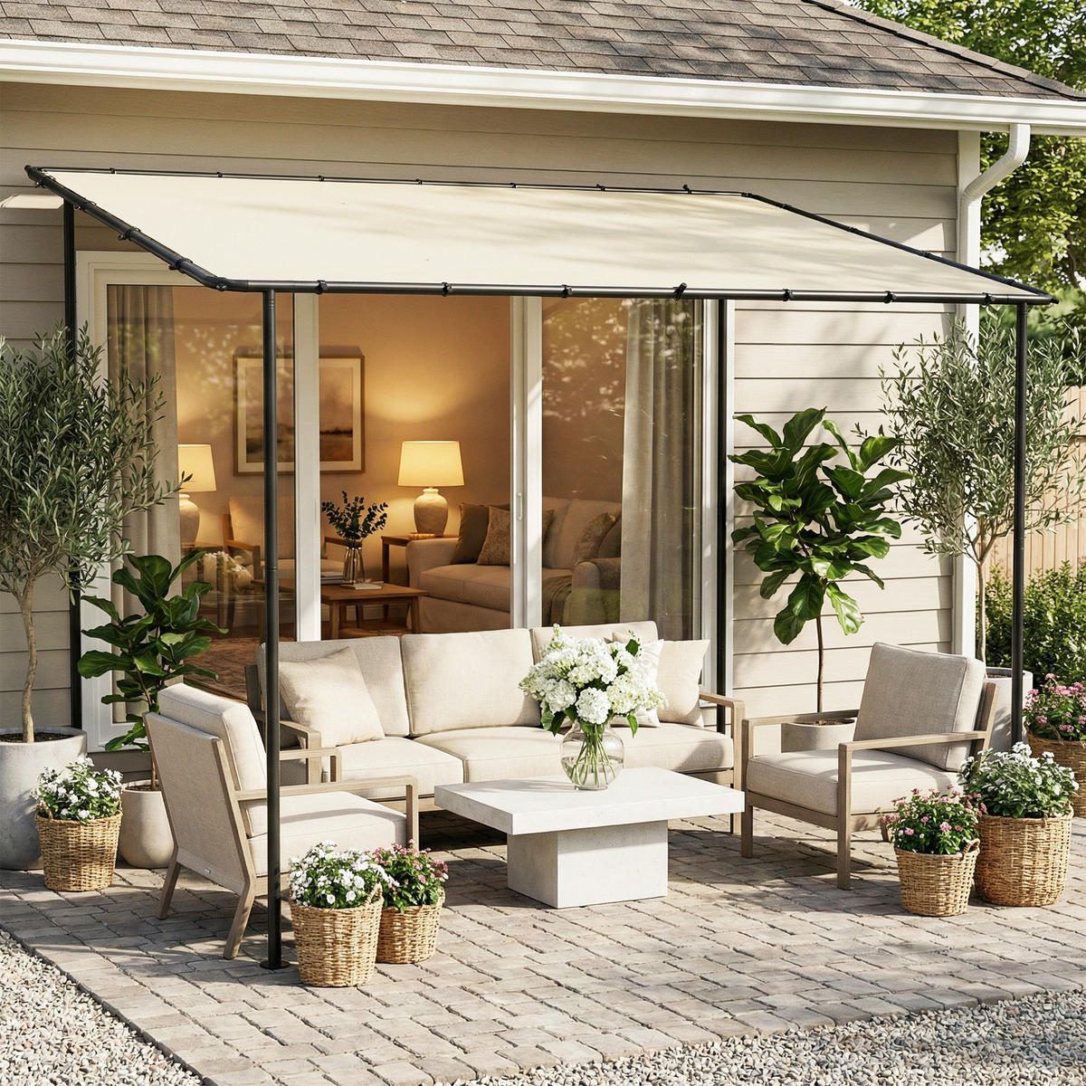 PERGOLA Metall Polyester Cremeweiß - Creme/Schwarz, Textil/Metall (180/230/300cm) - Outsunny