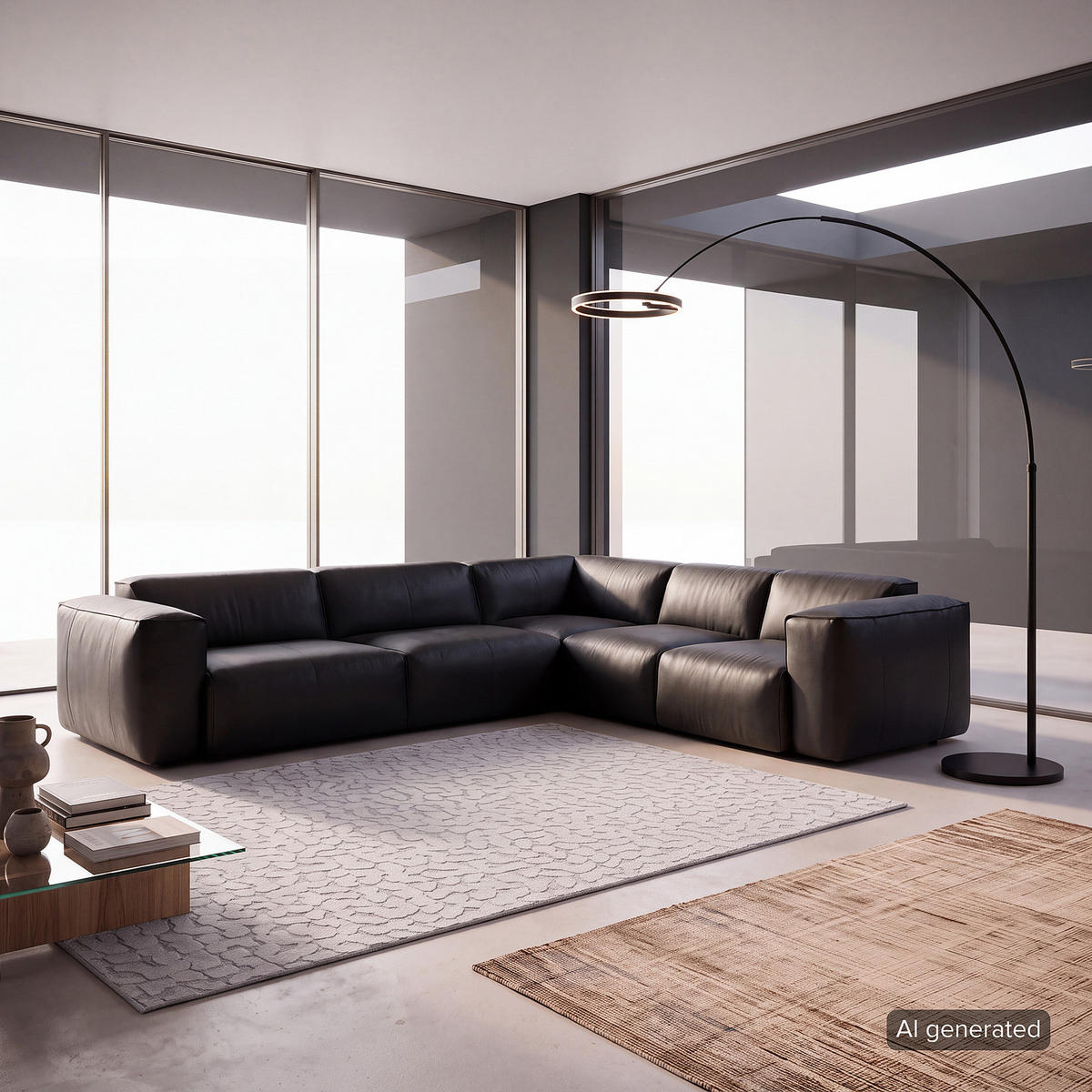 ECKSOFA mit Rundecke - Schwarz, Leder/Kunststoff (325/260cm) - home24